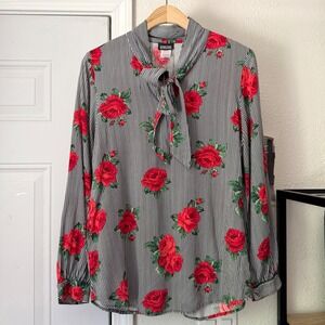 RETROLICIOUS‎ black white red rose striped floral tie neck blouse shirt top